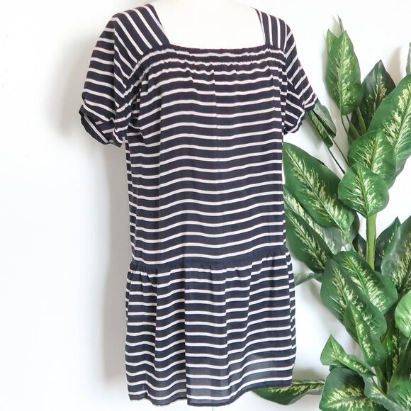 J. Crew Navy Striped 100% Silk Nautical Drop Waist Short Sleeve Mini Dress Small - Picture 4 of 11